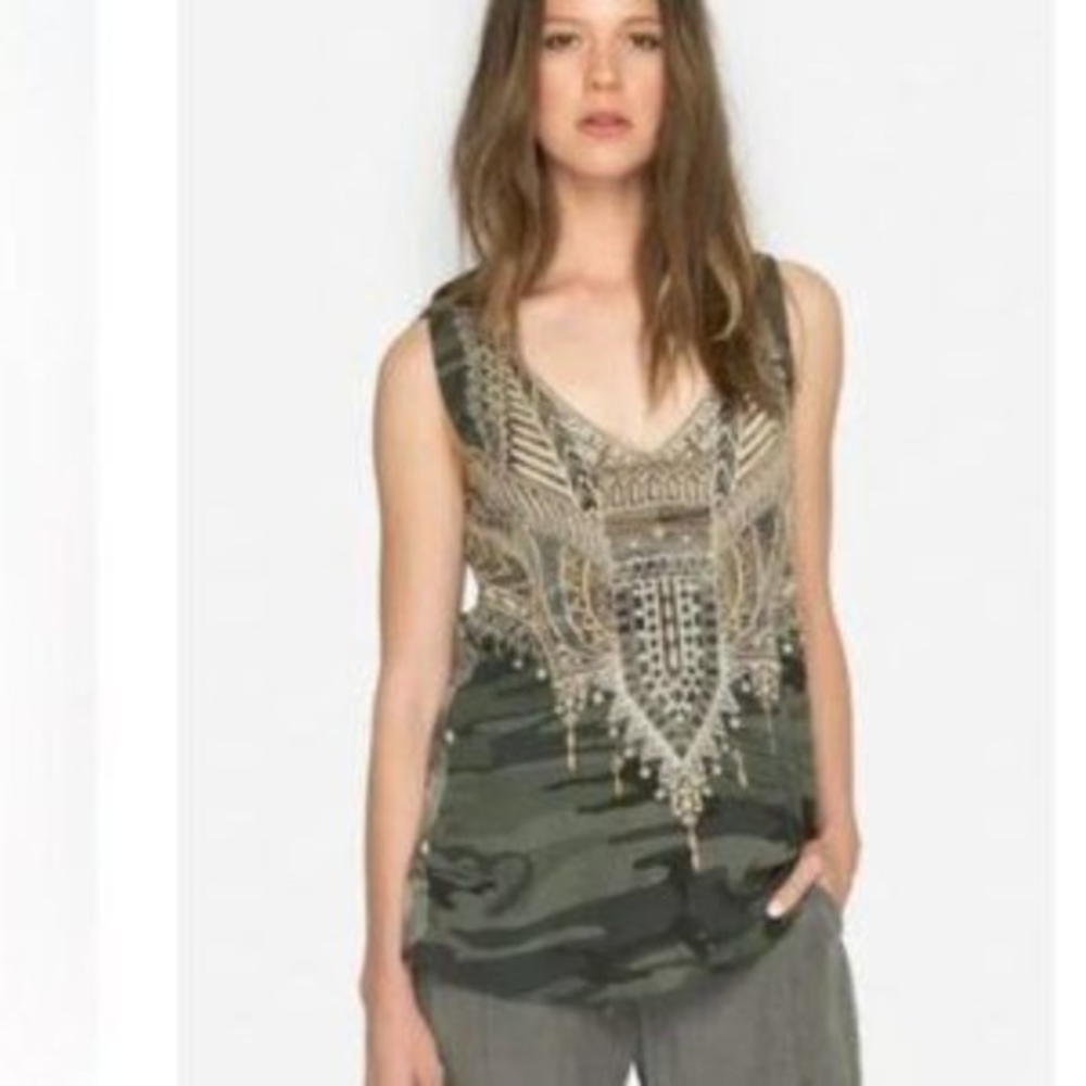 Johnny Was Terraza Camo-Print‎ Embroidered Sleeveless Cotton Shirt Tank Top